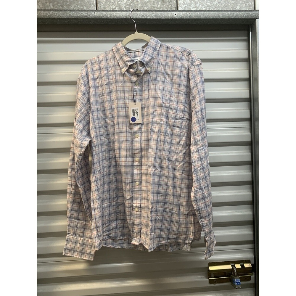 NWT Peter Millar Men's Long Sleeve Button Down Blue White Plaid Shirt Large